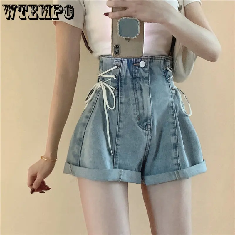 Frühling Sommer 2023 Mädchen schnüren Jeans shorts weibliche helle lose lose hohe Taille weites Bein kurze Jeans