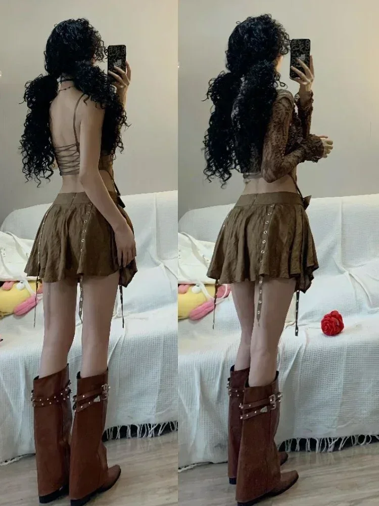 Autumn Aesthetic Vintage 3 Piece Sets Woman Hot Girl Harajuku Chic Suit Short Cardigan+Slim Vest + Y2k E-Girl High Waist Skirt