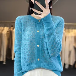 Spring and autumn new 100% wool knitted cardigan ladies hollow O-neck solid color bottoming cashmere sweater outside the coat