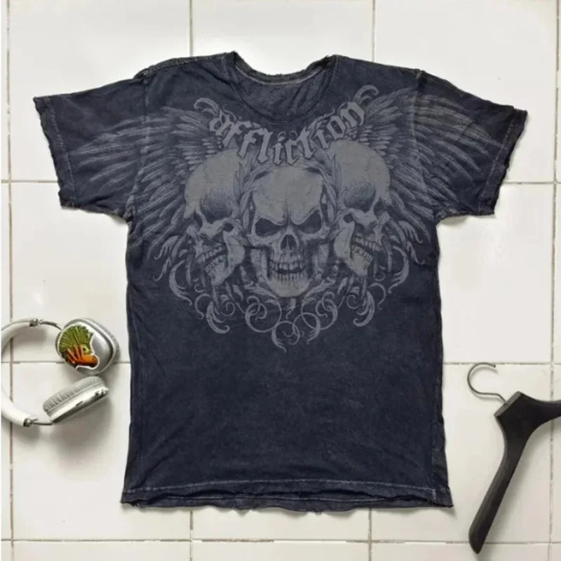 American Retro Goth Y2K Affliction Style Streetwear Tee Gothic Skull Cross Print Trendy Graphic T-shirts Men Clothing