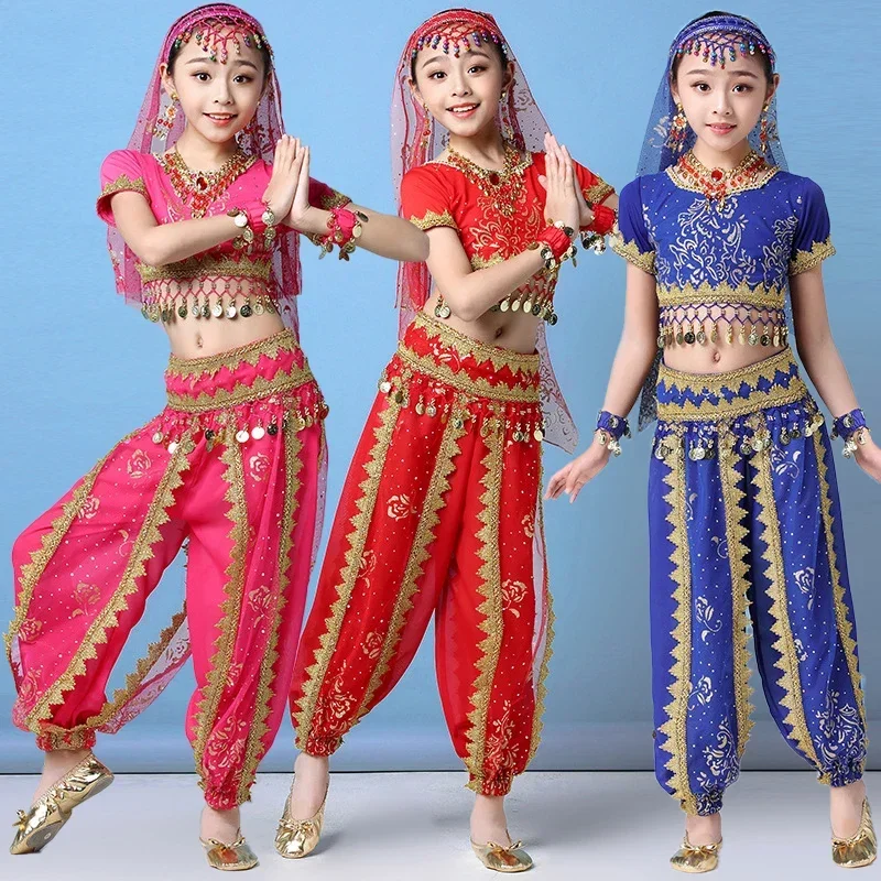Zestaw strojów do tańca brzucha dla dzieci, strój do występów, Bollywood, Egipski taniec, taniec indyjski, szyfon, 4 kolory, korona, spodnie, zestaw dla dziewczynek