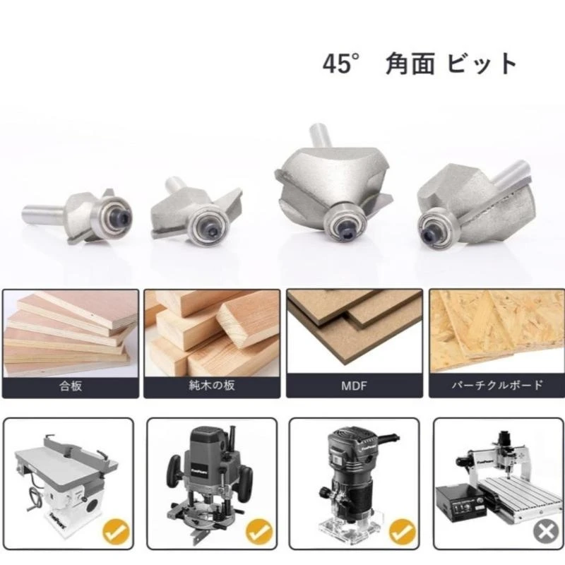 

Q2Q4 4Pcs 45 Degree Chamfer Routers Bit Shank Edges Forming Bevel Routers Bit