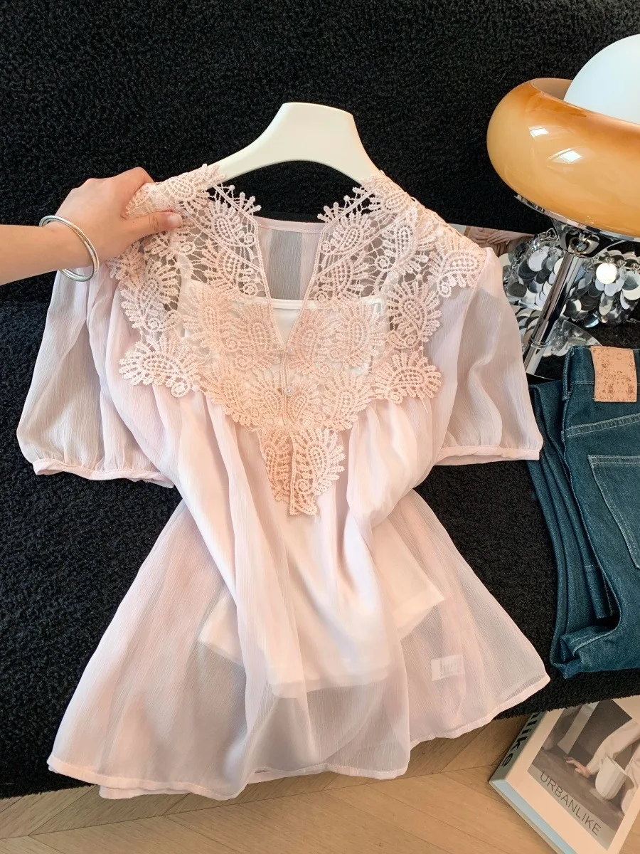 

Pink Lightweight Mesh Lace Splice Chiffon Tank Top Women's Summer Short Slim Fit Strap Vest Top Two-Piece Set Fashion Versati...