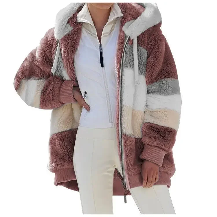 Europe and The United States The New Fashion Spell Color Thick Hooded Jacket, Women's Autumn and Winter Plush Warm Loose Coat