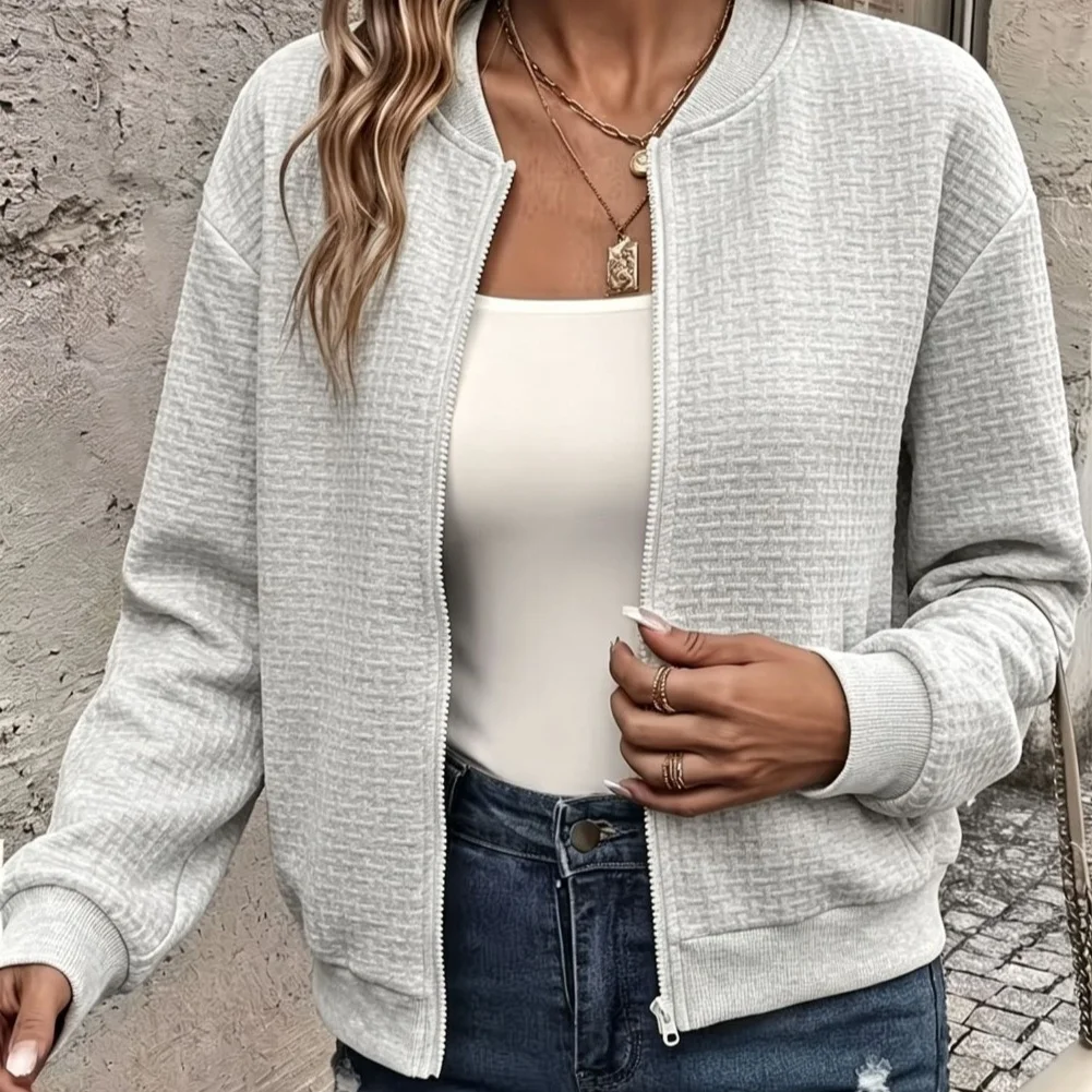 Womens Cropped Knit Jacket with Structured Baseball Collar and Smooth Zip Up Front for Vacation Beach Yoga Outings