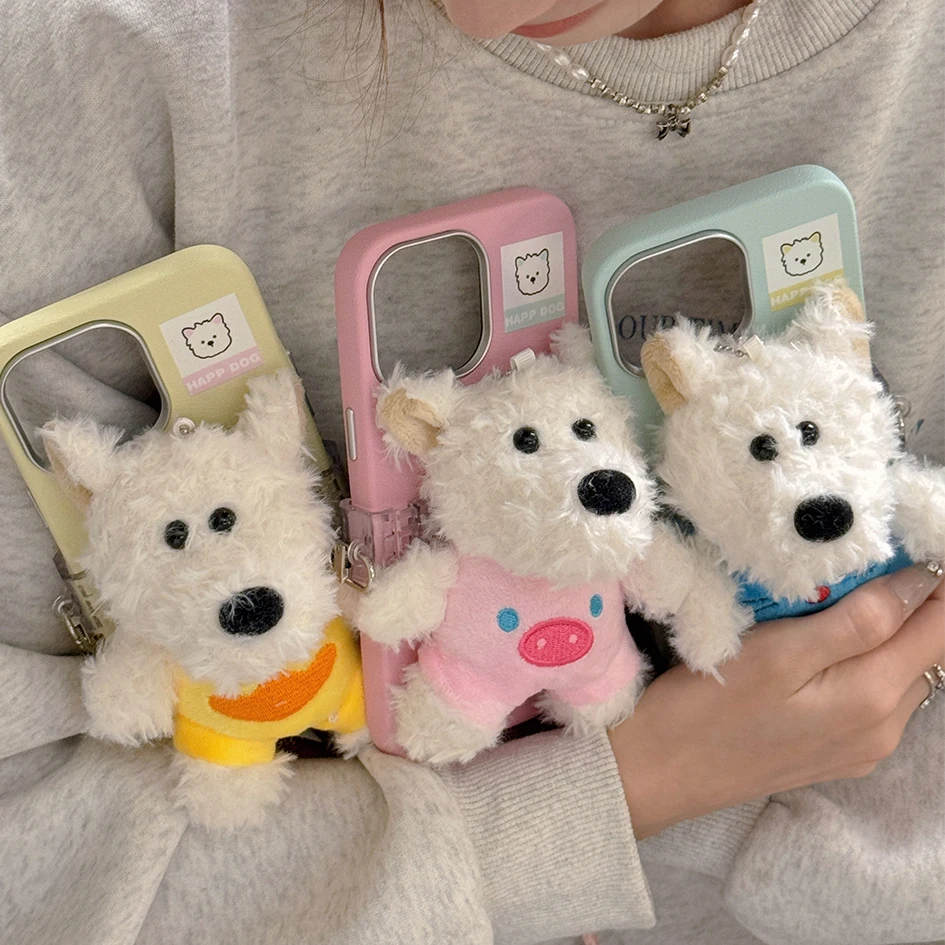 Dog Cute Plush Doll Soft Case For iphone 16 15 14 13 Pro Max 12 New Cartoon Plush Doll Creativity Girl Gift Phone Case+Lanyard