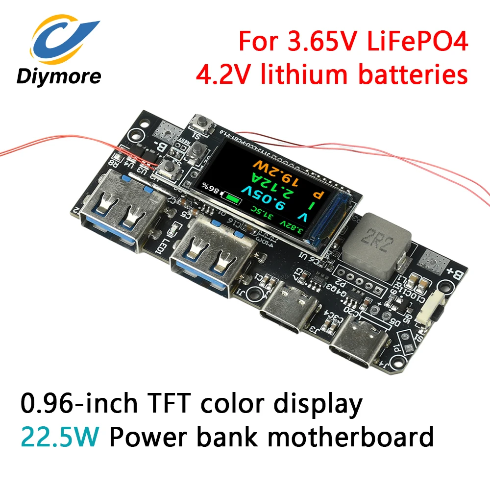 22.5W DIY Power Bank Board for 3.65V LiFePO4 / 4.2V Lithium Batteries PD Multi-Protocol Fast Charging Power Bank Mainboard