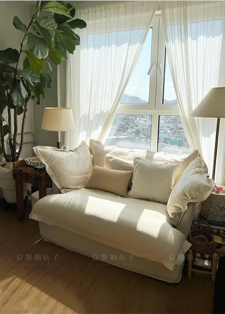 

Single sofa chair, French high-end down cotton and linen fabric removable and washable small balcony white bedroom lazy sofa