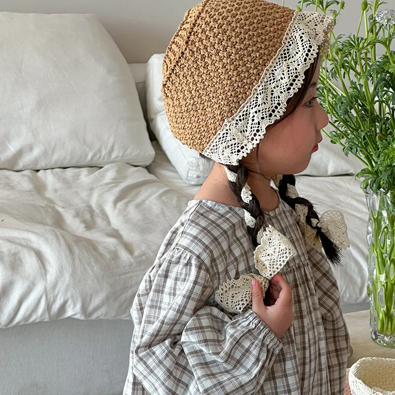 

Children's Hats Summer Big Eaves Streamer Lace Edge Sun Hat Travel Vacation Sun Protection Big Head Circumference Hat Beach Hat