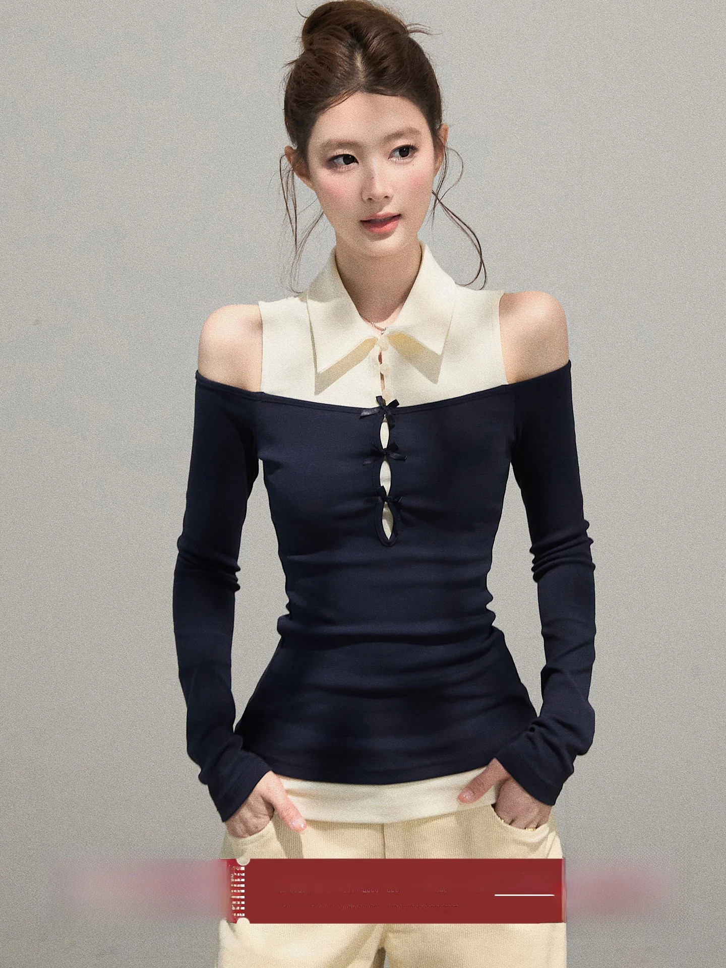 

oulder Bared Long Sve T irt Women's Slim Fit Design Sense Autumn Waist Inward Design Casual Sle Universal pe Body Fit