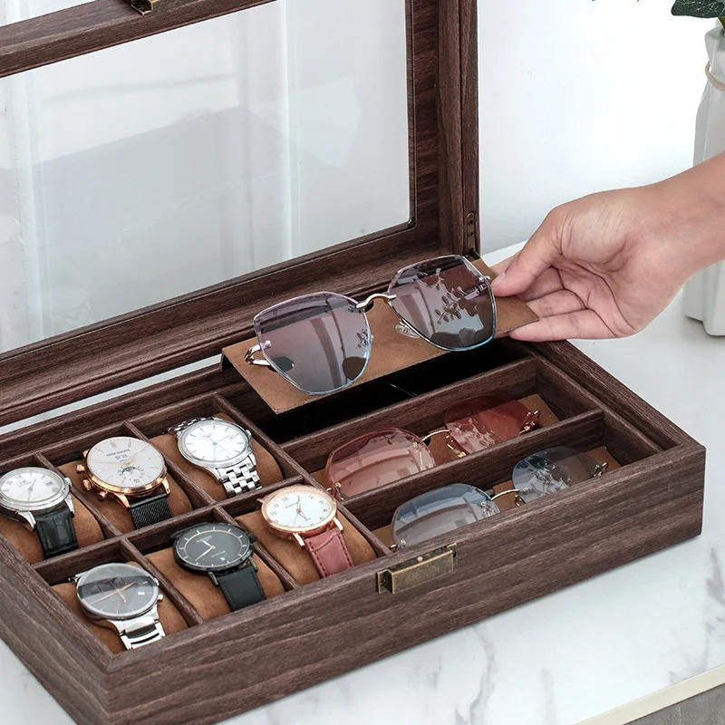 Watch Box 6 Watch 3 Slots Sunglasses Wooden Watch Organizer Box with Glass Top Jewelry Storage Display Case for Men Father