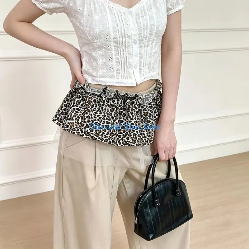 HX6F Korean Overlay Mini Wrap Skirt for Women Elegant Ruffled Leopard Mesh Layered Apron Skirt Tie Waist Overskirt Waistband