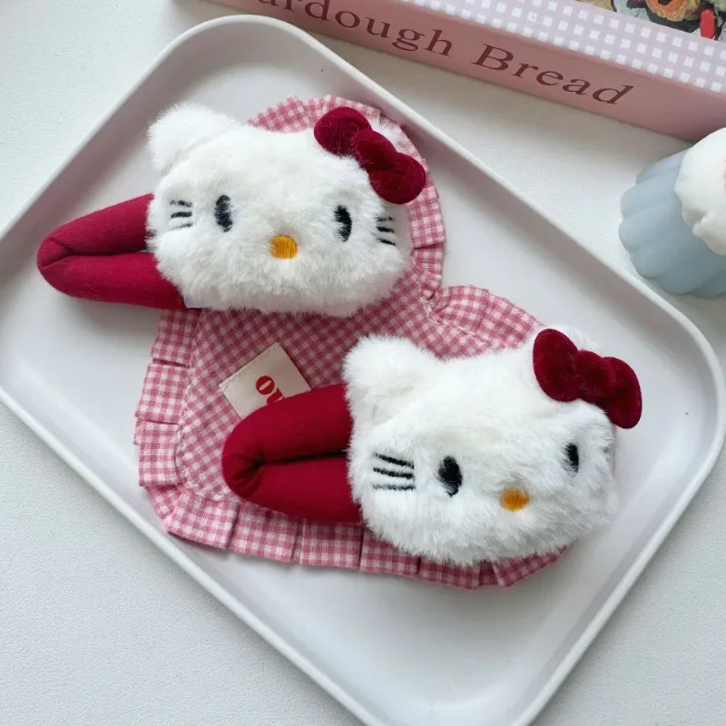 Hello Kitty  Hairpin Sanrio Girl Hair Accessories Anime Plush KT Hair Clips for Girls Kawaii Bow Tie Bangs Clip Gift Cute