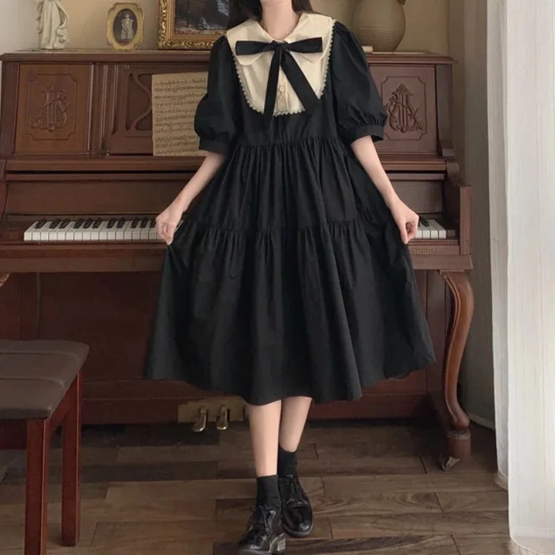 

Women Short Sleeve Dress Patchwork Peter Pan Collar Bow Girls Sweet Kawaii Dresses Students Korean Style High Waist Loose Trendy