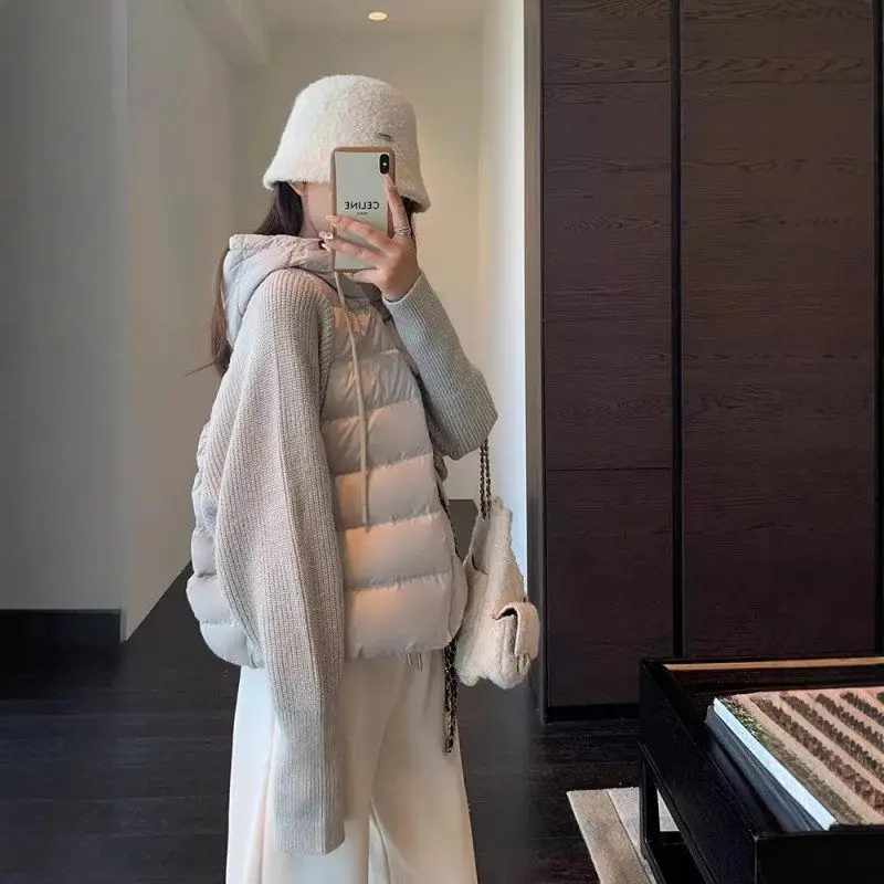 

Thiened Winter Women's Knitted Hat Jaet Cotton Blend Faionable Splicing Design Long Sve ort Coat Zipper Closure