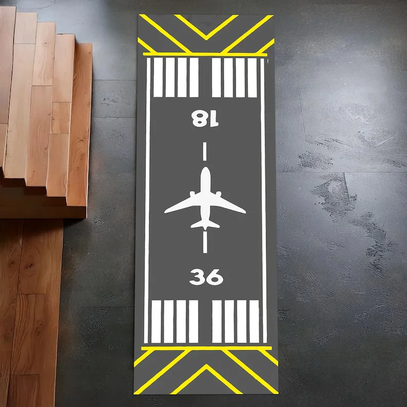 

Коврик-дорожка «Серая взлетно-посадочная полоса» с дизайном самолета для детской комнаты или прихожей, тематический ковер для декора в стиле авиации с изображением реактивного самолета