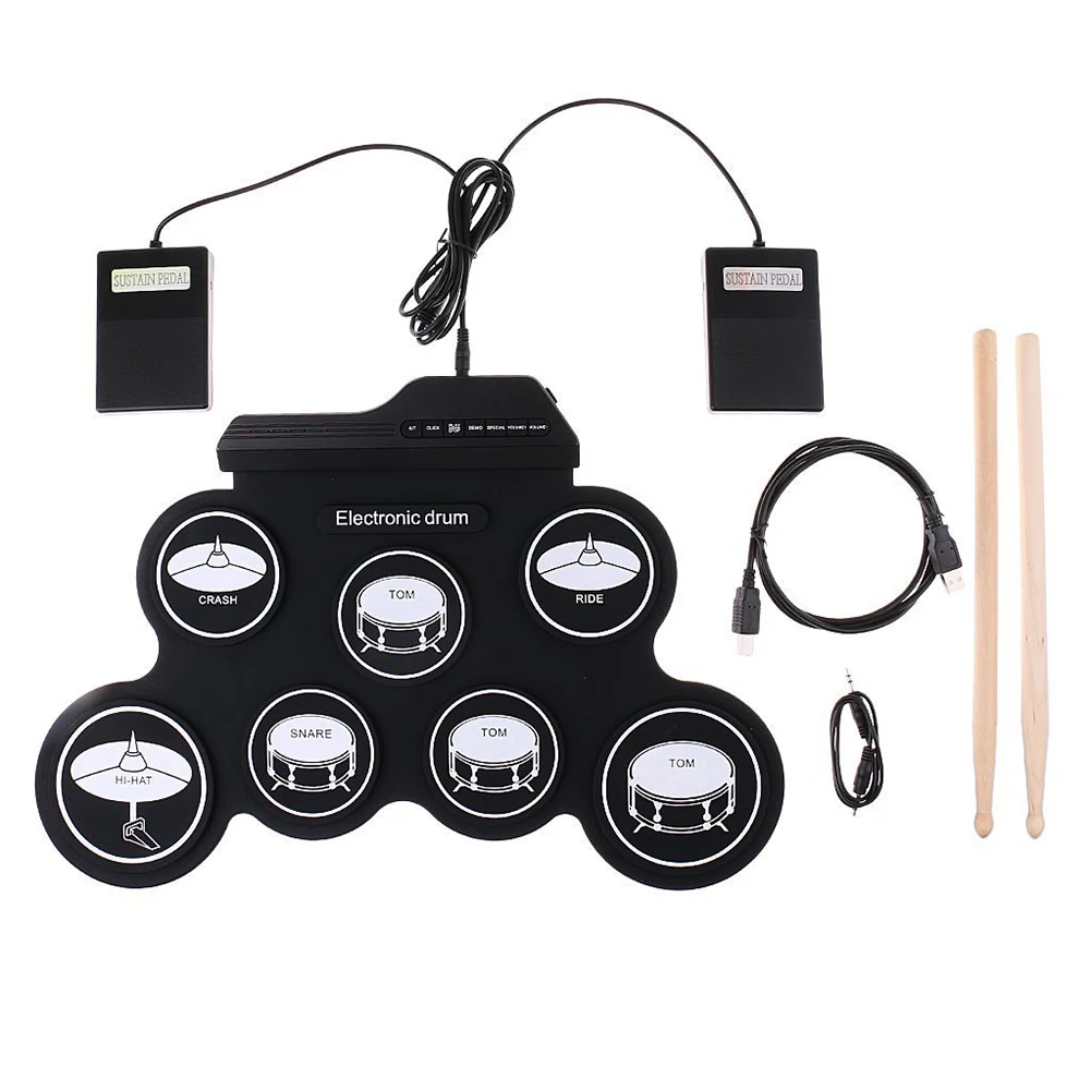 

Hand Roll Drum Portable Folding Electronic Drum USB Rechargeable Roll-Up Drum with Drumsticks Foot Pedals for Beginners Training