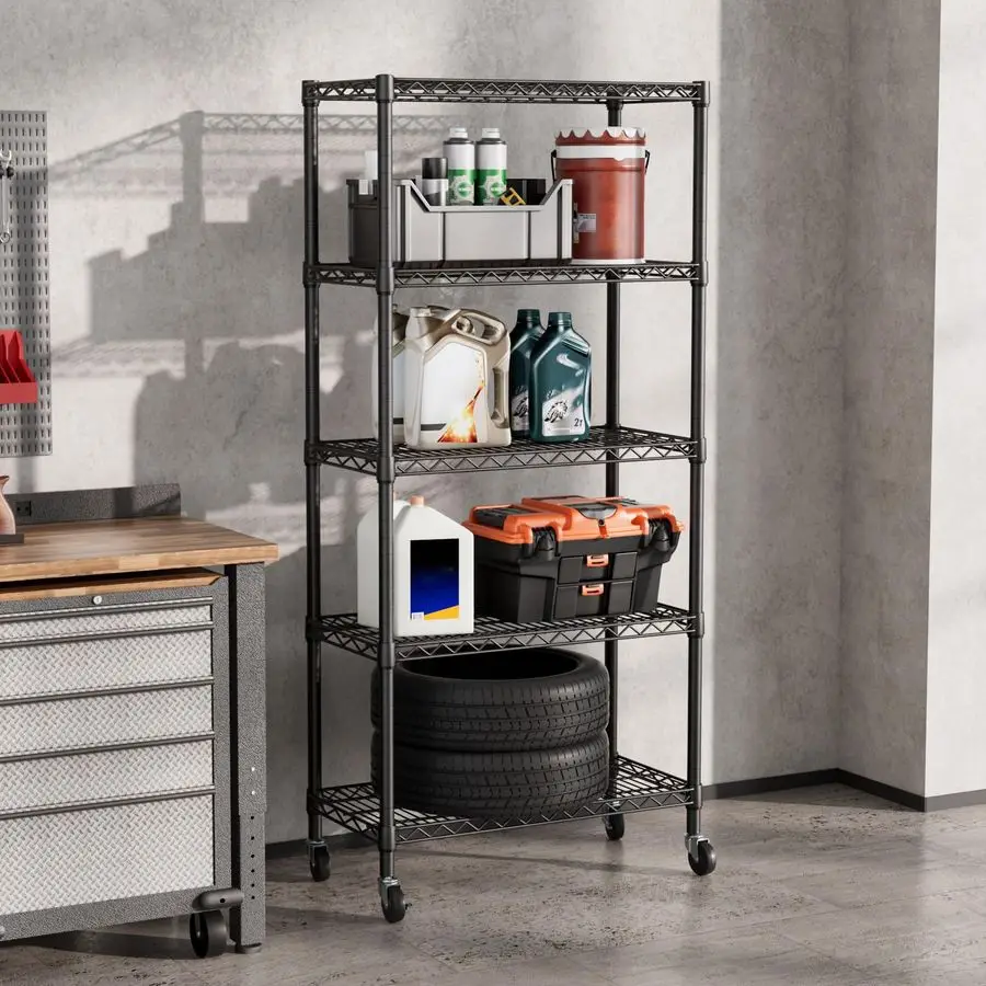 Étagère de rangement robuste réglable à 5 étagères, avec roulettes, organisateur en acier, étagères en fil métallique, organisateurs de salle de bains et étagères