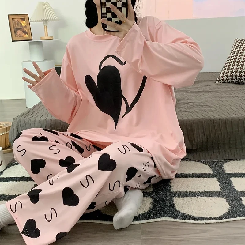 Plus Size 5XL 150kg Autumn Women Pyjamas Sleepwear Hearted Print Homewear Suit O Neck Long Sleeve Homewear