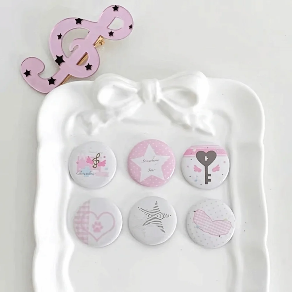 6Pcs/Set Ins Style Mini Badge Pins Clothing Pin Attachment Round Shape Round Brooch Printed Design Backpack Decoration Pins