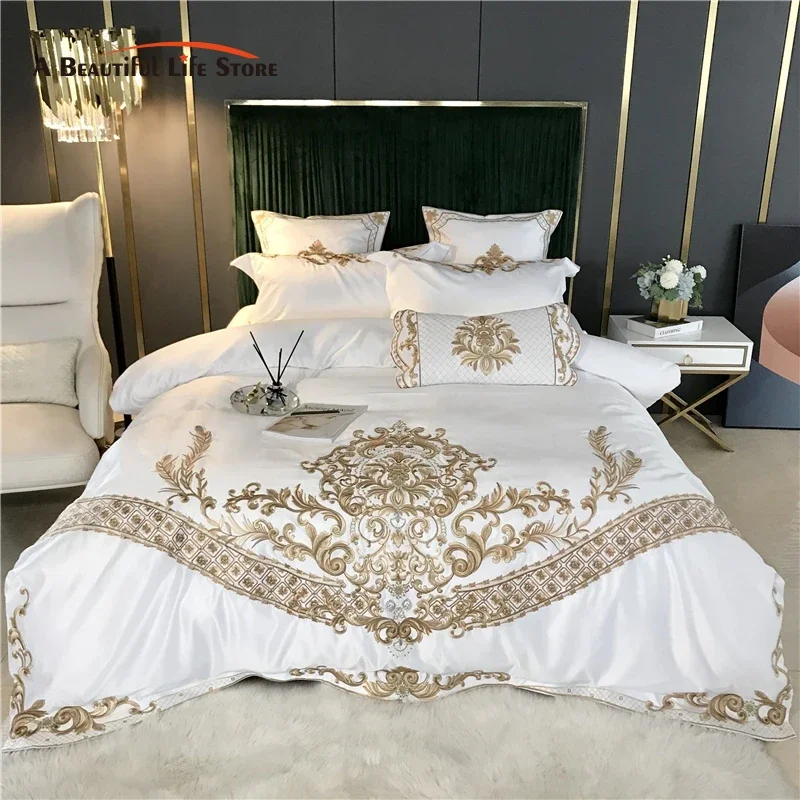 White Satin and Cotton Bedding Set, Duvet Cover, Bed Sheet, Fitted Sheet, Pillowcases, Luxury European Royal Gold Embroidery