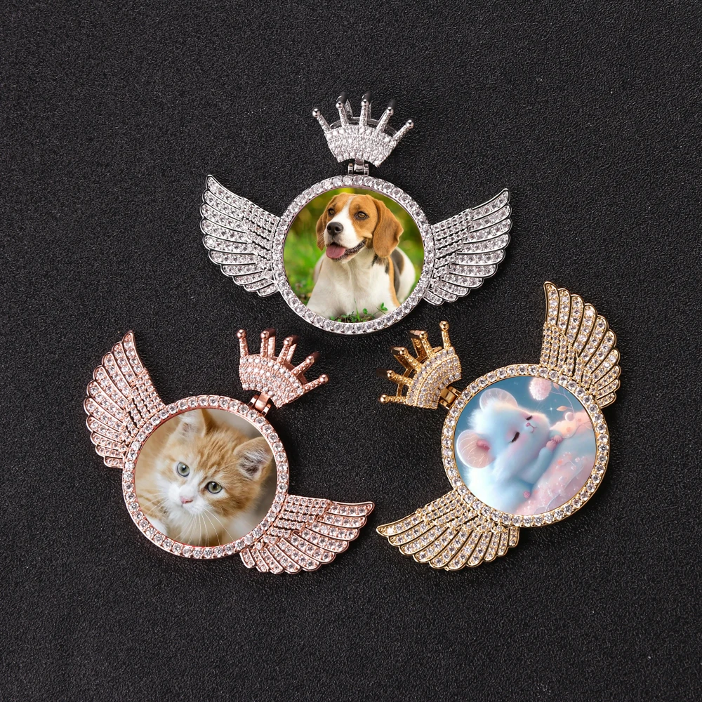 

New Hip Hop Brass Inlaid Zircon Circle Wings Crown Hook Photo Pendants Men Women Iced Out Memory Picture frame Necklaces Jewelry
