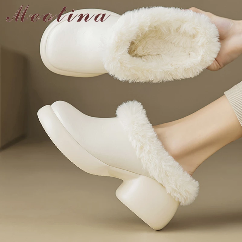 

Meotina Women Genuine Leather Mules Pumps Round Toe Thick High Heels Wool Platform Ladies Fashion Shoes Winter Black Beige 40