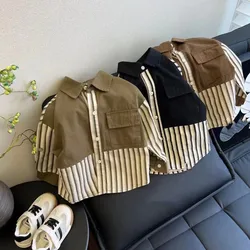 Children's Spring and Autumn New Shirt Boys' Korean Edition Loose Casual Clothing Stripe Spliced Top Autumn Handsome Shirt