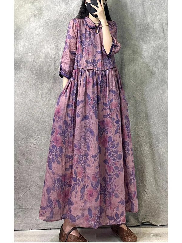 ชุดเดรสผ้าลินินพิมพ์ลายดอกไม้สไตล์วินเทจสำหรับผู้หญิง ทรงหลวม ผ้าฝ้ายผสมลินิน ช่วยพรางหุ่น กระดุมดีไซน์เก๋ ทรงเอไลน์