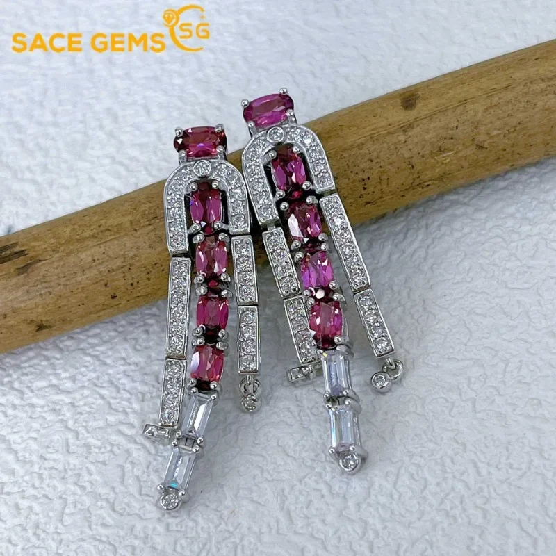 SACE GEMS Fashion Drop Earrings for Women 925 Sterling Silver 3*5MM Natural Garnet Stud Earrings Wedding Party Fine Jewelry Gift