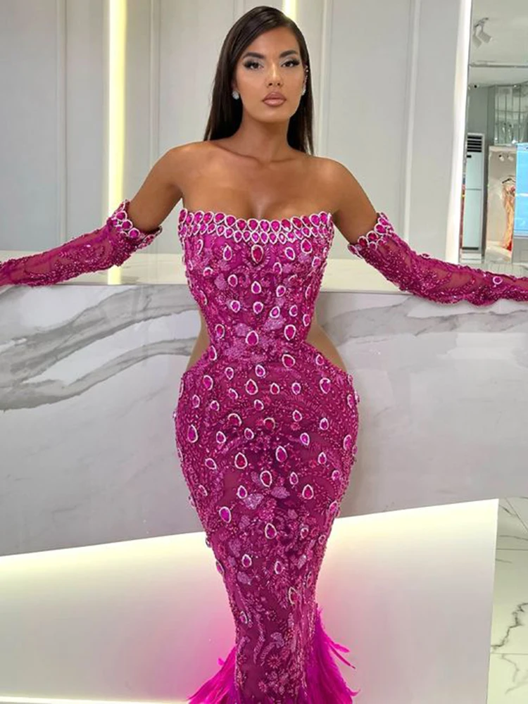 PB New Hot Pink Strapless Long Dress Feathers Mermaid Floor Length Beaded Luxury Crystals Design Prom Party Gown with Gloves