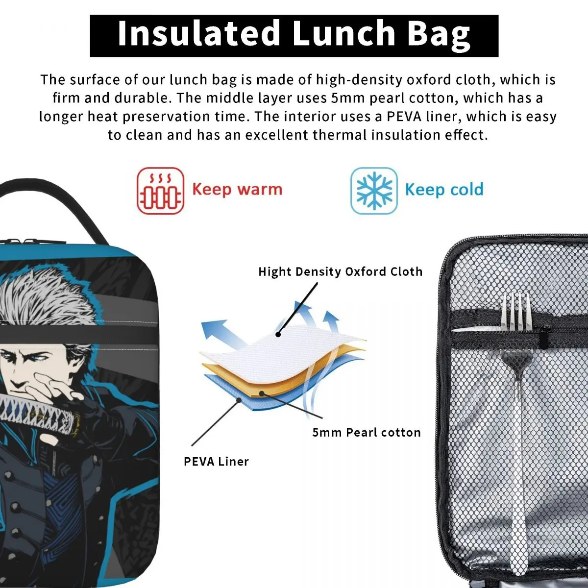 Vergil From The Devil May Cry Series Insulated Lunch Bag for Women Kids Leakproof Food Boxes Thermal Lunch Box Tote