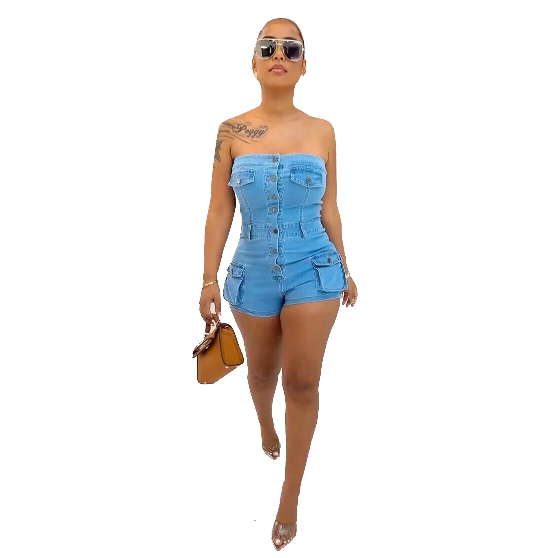 Sommer Denim Jumps uit Tube Top elastischen Stram pler Spiel anzug Frauen