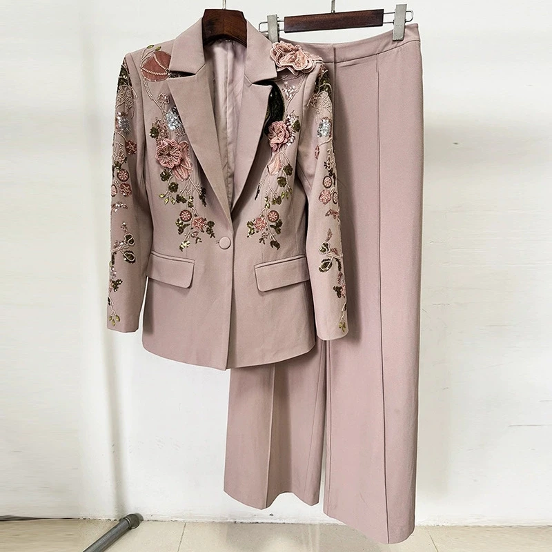LEOSOXSSpring And Autumn New Fashionable Temperament Commuter Women's Heavy Industry Nail Bead d Flower Jacket CoatWide Leg Pant