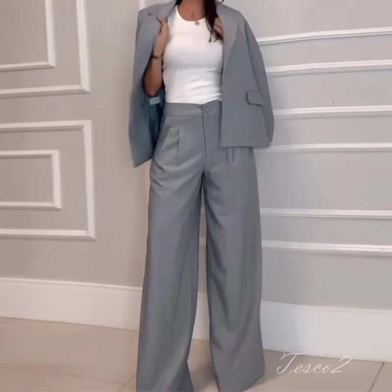 Tesco Casual Blazer And Pants For Women Suit Sets Gray Loose Pantsuit For Office Work Fashion Wide Leg Pants 2 Piece Outfits