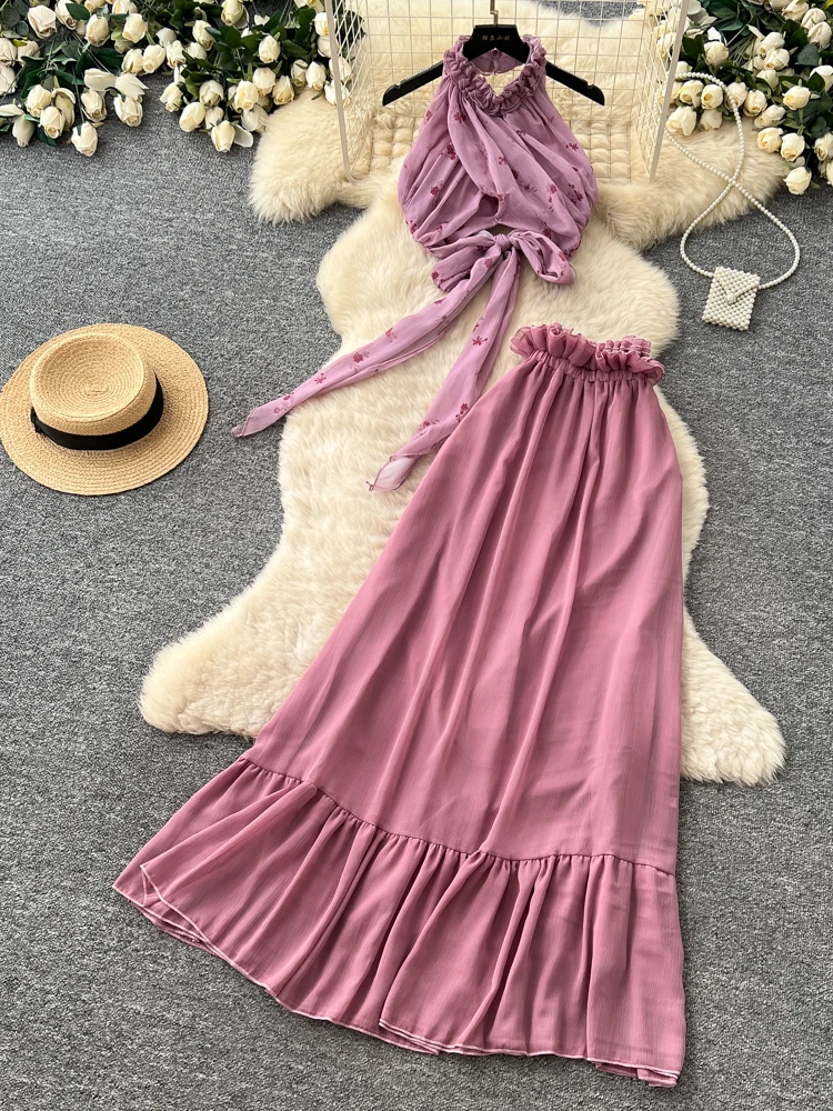

Summer Slimming Elegant Two-Piece Set Women's High Waist Tulle Skirt Strap Vest Holiday Style Fashion Outfit Casual Workwear