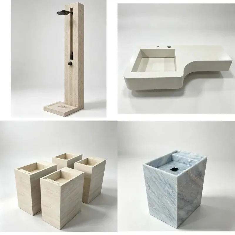 Custom Cut Travertine Base Sink Polished Surface Rectangular Freestanding Wash Basin Suitable For Villa Bathrooms