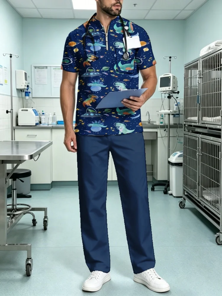 Men's Zipper Collar Scrub Top Cute Space Dinosaur UFO Print Short Sleeve Medical Uniform T-Shirt for Vet Clinic Hospital Work view 2