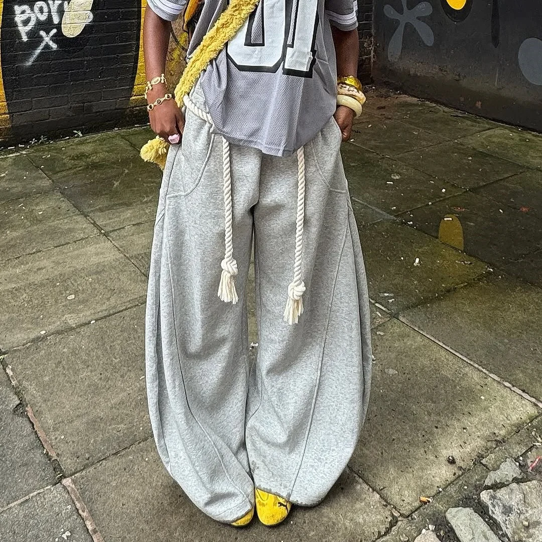 Hip Hop Streetwear Solid Pant Autumn Winter Thick Rope Drawstring Trendy Fashion Wide Leg Sport Trousers College Loose Sweatpant