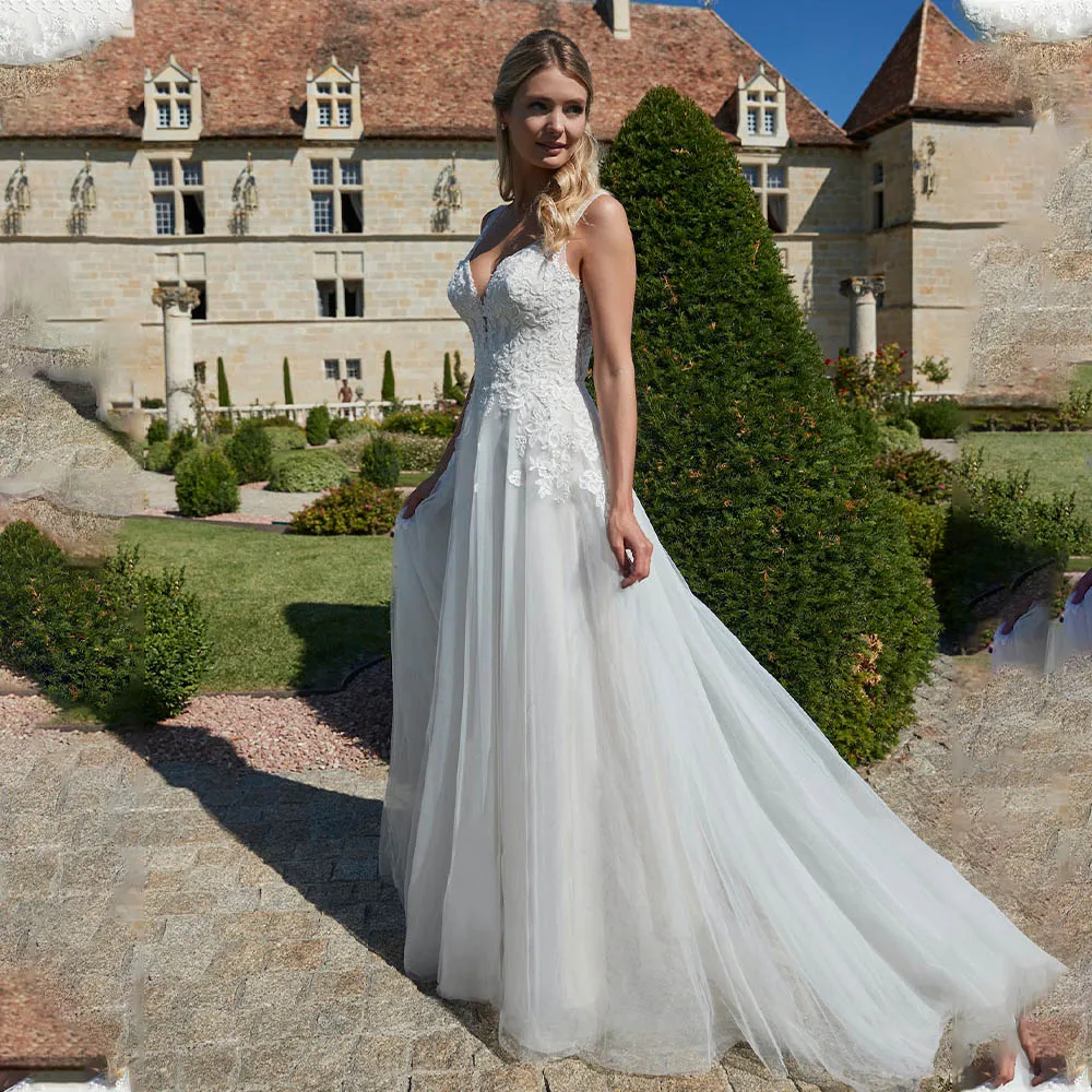 Popular Strapless V-neck 3D Flower Lace Applique A Line Wedding Dresses Sweep Train Custom Made 2025 Vestido De Noival