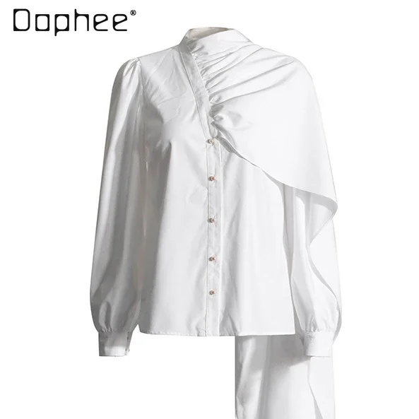 Blusa elegante de manga larga para mujer, camisa de un solo pecho, cuello de bufanda, botón de perla, temperamento versátil, Color sólido, blanco