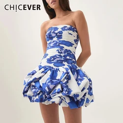 CHICEVER Colorblock Print Mini Dress for Women Strapless Sleeveless Backless High Waist Patchwork Folds Slimming Dresses Female