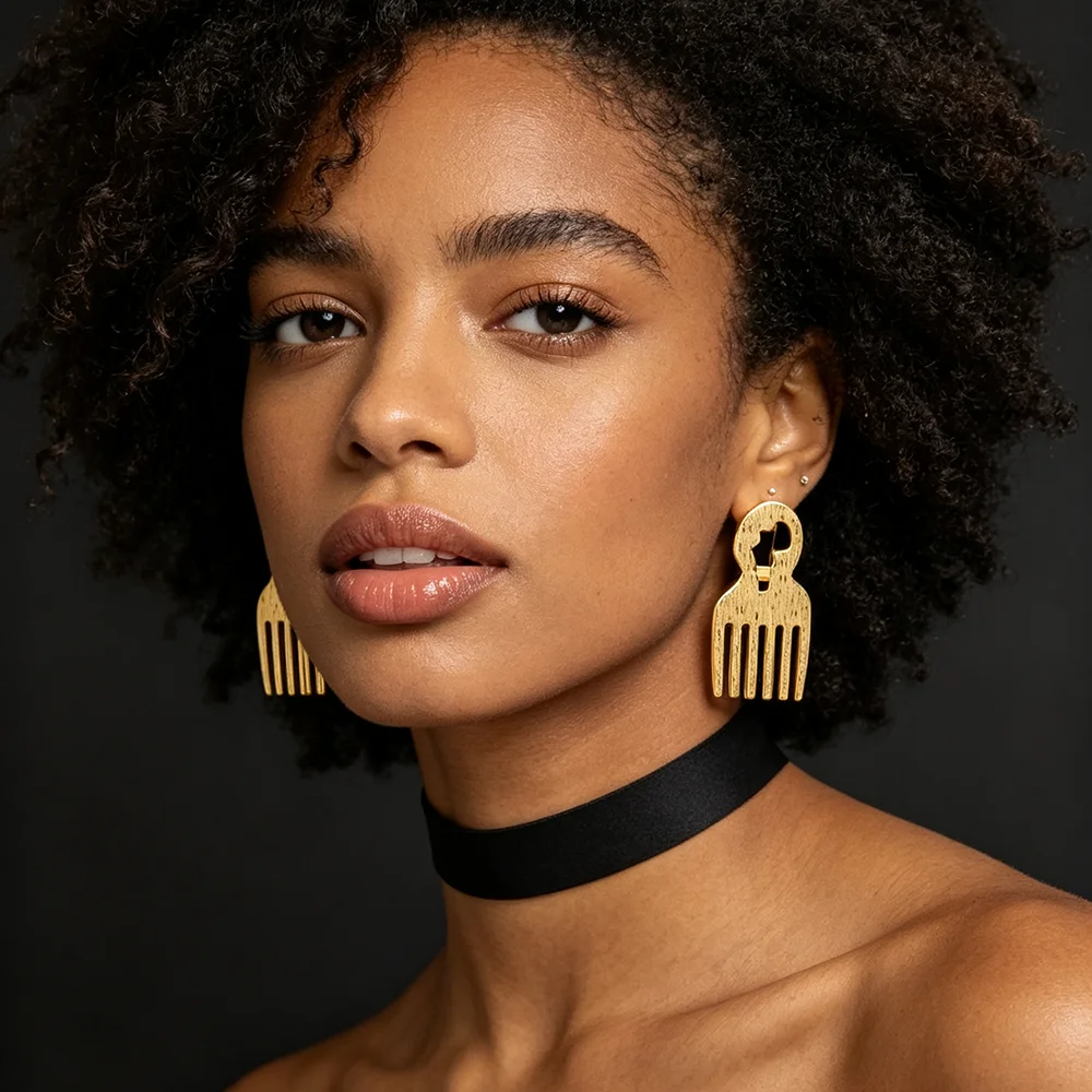 18K vergoldetes afrikanisches Kamm-Ohrringe- & Ring-Set für Damen, gebürsteter, strukturierter ethnischer Statement-Schmuck, Hochzeitsgeschenk – Detail 2
