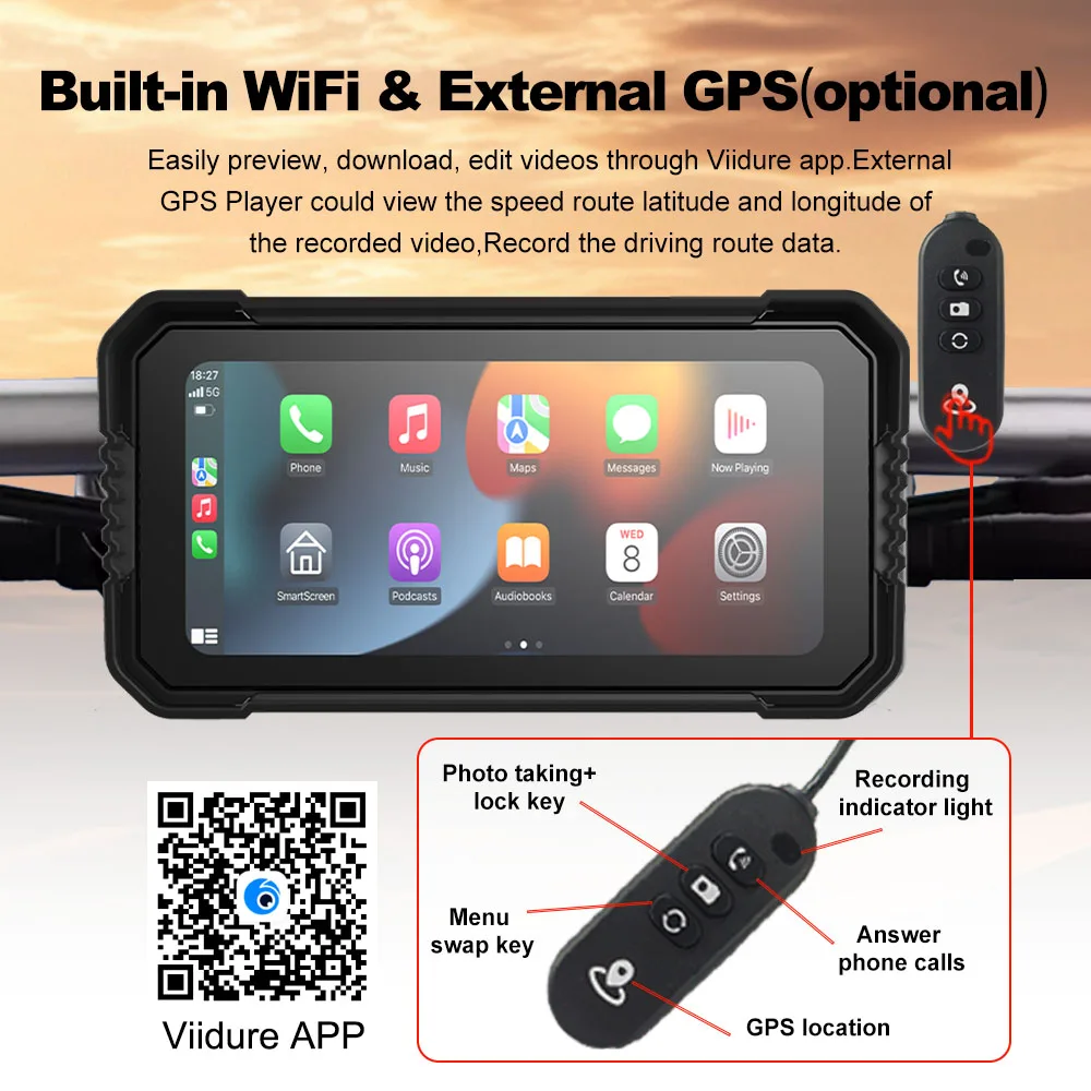 BEPOCAM 6.2in Motorcycle Black Box Touch Carplay Screen GPS Navigation IP67 Waterproof for Dual Cameras Drive Recorder Moto DVR