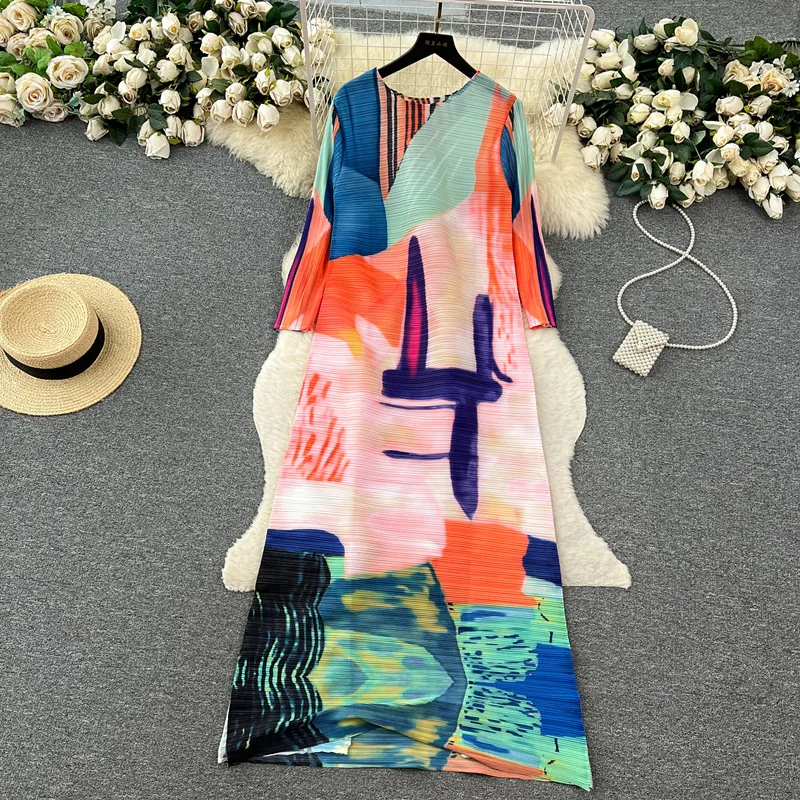 

Spring Autumn New Pleated High Grade Long Sleeve Round Neck Printed Dress for Women's Casual Loose fitting slimming long Dress