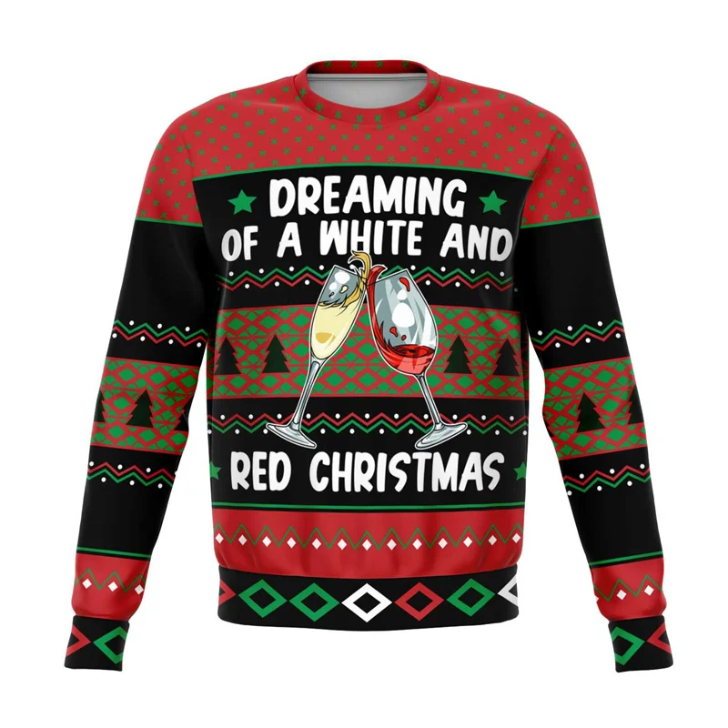 

2025 beer-patterned ugly Christmas sweater for boys and girls Crew-neck pullover for adults 3d printed wine Drink Christmas swea