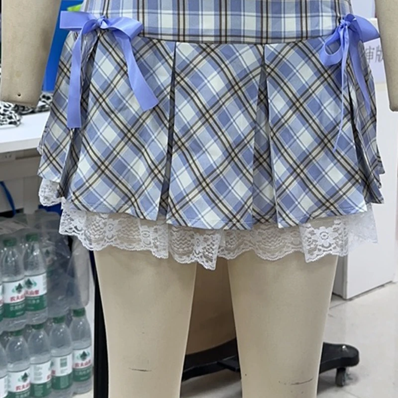 

Sweet Blue Plaid Y2K Mini Skirt Large Size Women's Fashion with Bows And Lace Trim Summer Style