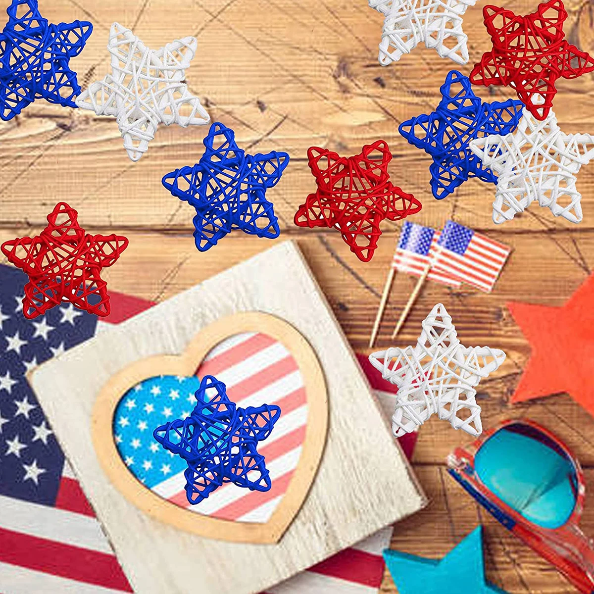 15Pcs 4th of July Star Rattan Balls Decoration Red Blue White Stars Wicker Ball for 2024 USA Independence Day Party Supplies