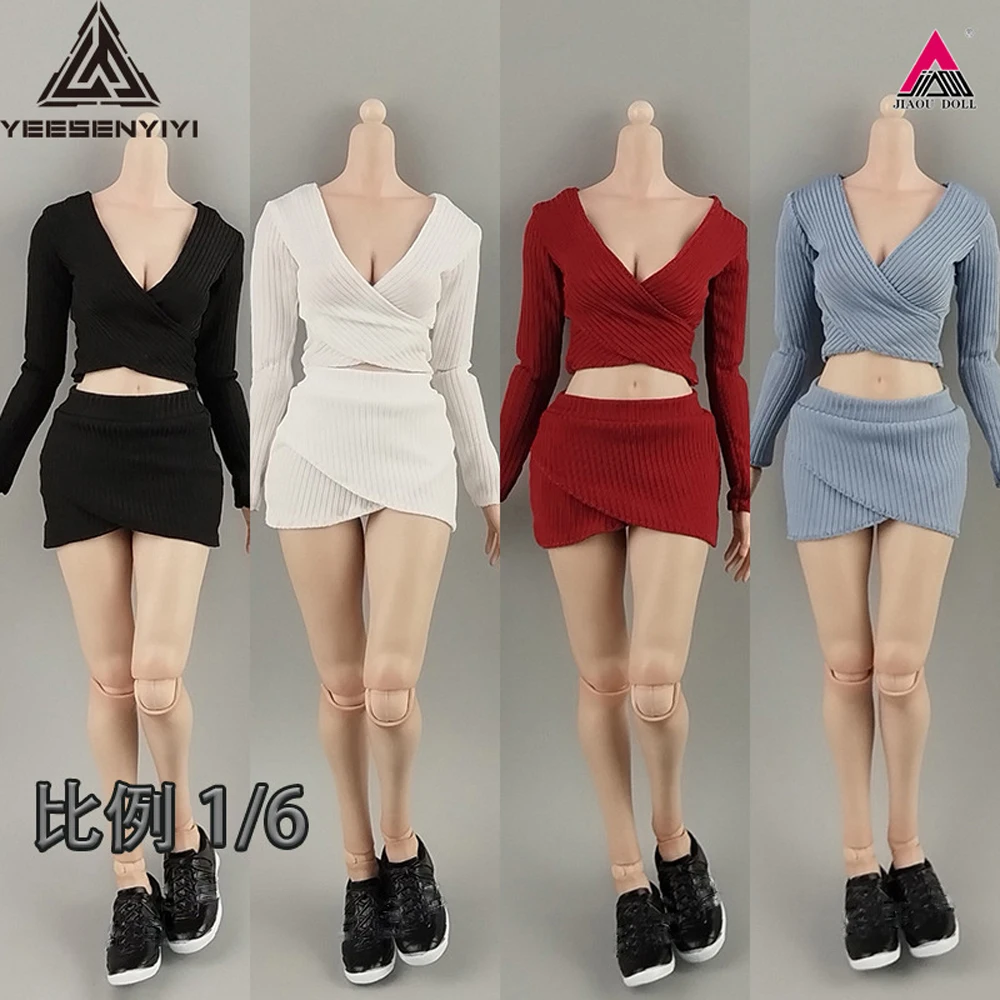 

﻿ 1/6 Scale Sexy V-neck Short Top Bag Hip Skirt Dress Solid Color Clothes Model fit 12'' TBL Female Soldier Action Figure Body