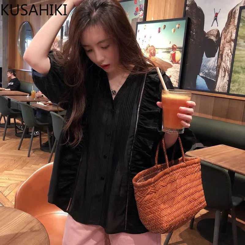 KUSAHIKI Ruffle Puff Half Sleeve V Neck Blouse 2023 Summer Korean Style Women Shirts Tops Causal Solid Blusas Camisas De Mujer